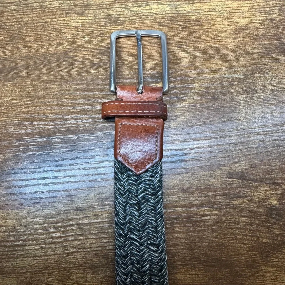 FH Wadsworth Mens Woven Braided Belt 40 Navy Green White Made in Italy Leather